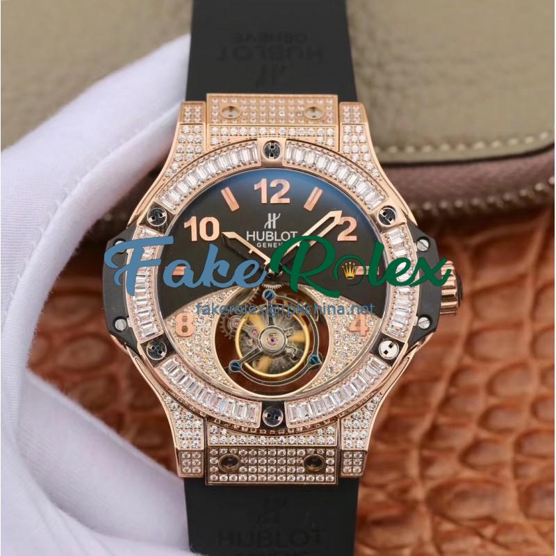 Replica Hublot Big Bang Tourbillon Noob Rose Gold & Diamonds Black & Diamond Dial Swiss Tourbillon