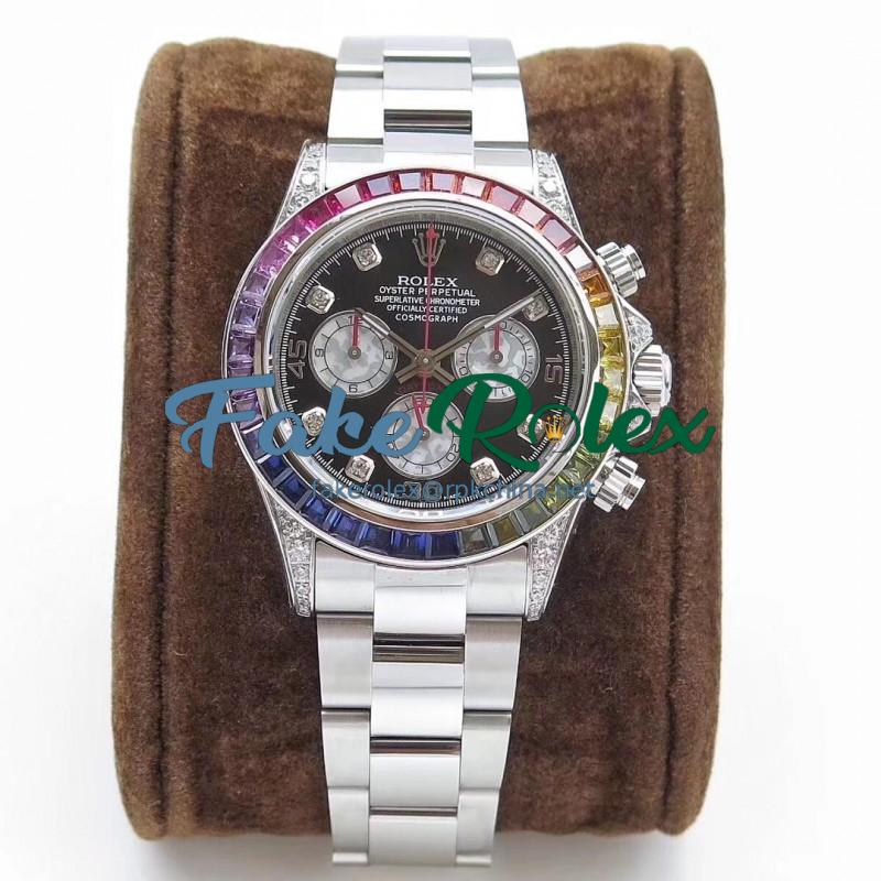 Replica Rolex Daytona Cosmograph Rainbow 116599RBOW BL Stainless Steel & Diamonds Black Dial Swiss 4130 Run 6@SEC