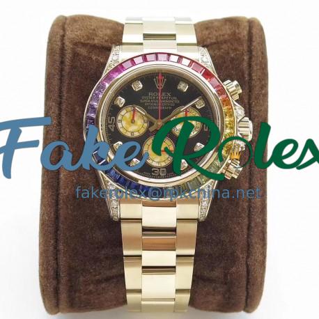 Replica Rolex Daytona Cosmograph Rainbow 116589RBOW BL Yellow Gold & Diamonds Black Dial Swiss 4130 Run 6@SEC