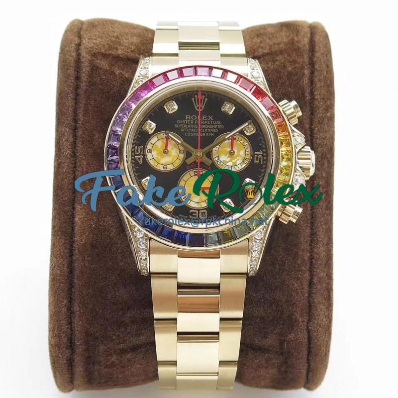 Replica Rolex Daytona Cosmograph Rainbow 116589RBOW BL Yellow Gold & Diamonds Black Dial Swiss 4130 Run 6@SEC