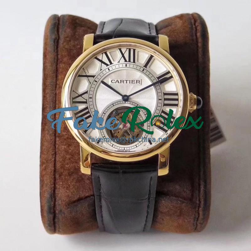 Replica Cartier Rotonde Flying Tourbillon W1556215 BL V2 Yellow Gold Silver Dial Swiss Tourbillon