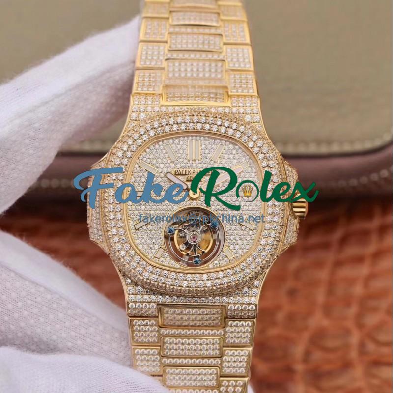 Replica Patek Philippe Nautilus Jumbo 5711 R8 Yellow Gold & Diamonds Diamond Dial Swiss Tourbillon