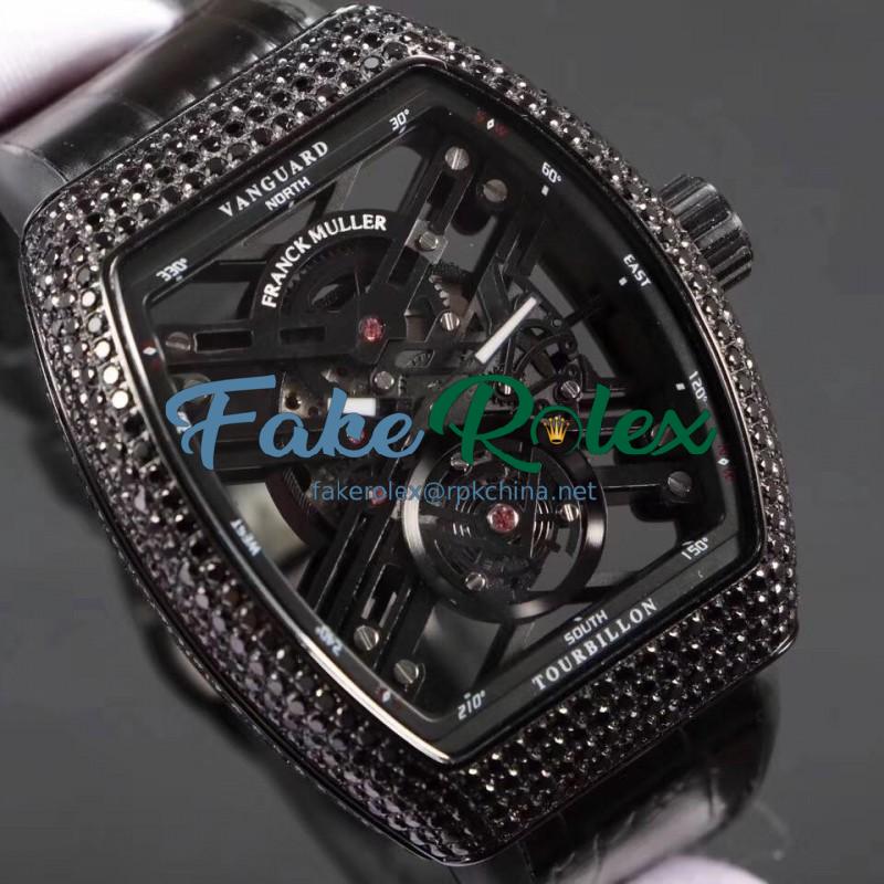 Replica Franck Muller Vanguard Skeleton V 45 T SQT Noob Ceramic & Diamonds Skeleton Dial M9015