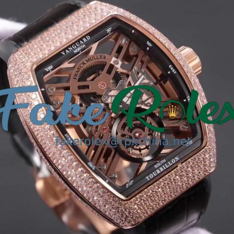 Replica Franck Muller Vanguard Skeleton V 45 T SQT Noob Rose Gold & Diamonds Rose Gold Skeleton Dial M9015