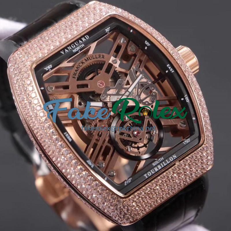 Replica Franck Muller Vanguard Skeleton V 45 T SQT Noob Rose Gold & Diamonds Rose Gold Skeleton Dial M9015