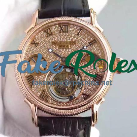 Replica Patek Philippe Tourbillon Moonphase Power Reserve Rose Gold Diamonds Dial Swiss Tourbillon