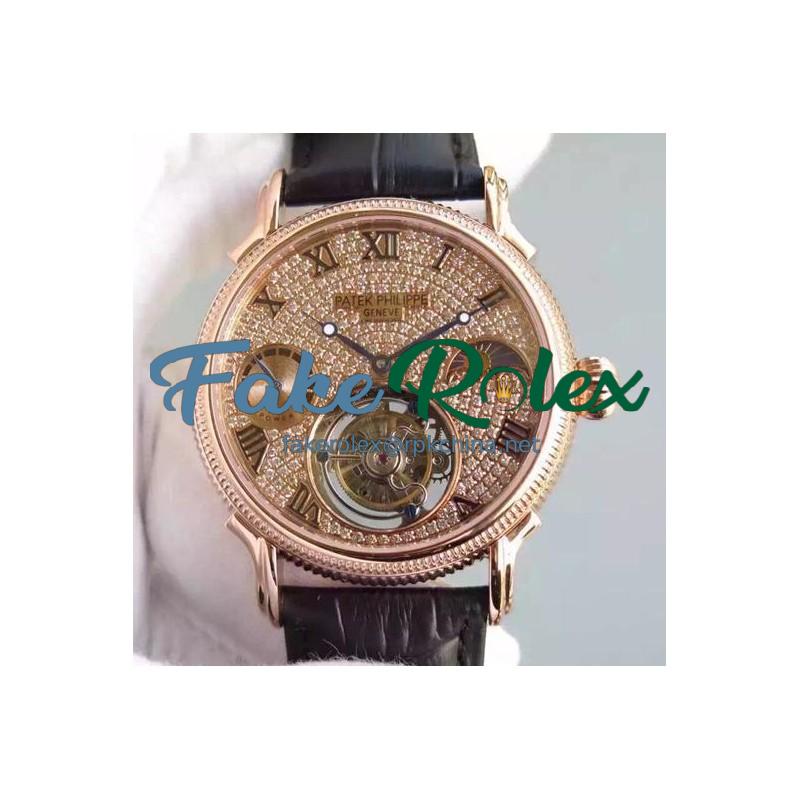 Replica Patek Philippe Tourbillon Moonphase Power Reserve Rose Gold Diamonds Dial Swiss Tourbillon