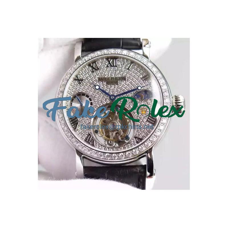 Replica Patek Philippe Tourbillon Moonphase Power Reserve Stainless Steel Diamonds Bezel Swiss Tourbillon