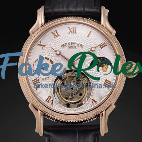 Replica Patek Philippe Tourbillon Moonphase Power Reserve Rose Gold White Dial Swiss Tourbillon