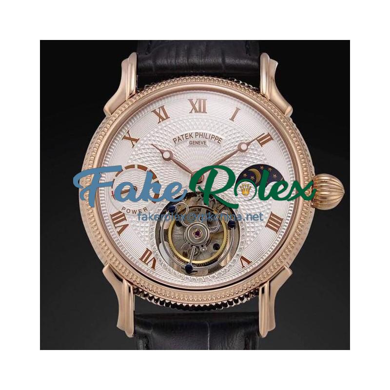 Replica Patek Philippe Tourbillon Moonphase Power Reserve Rose Gold White Dial Swiss Tourbillon