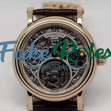 Replica Patek Philippe Tourbillon Moonphase Power Reserve Rose Gold Skeleton Dial Swiss Tourbillon