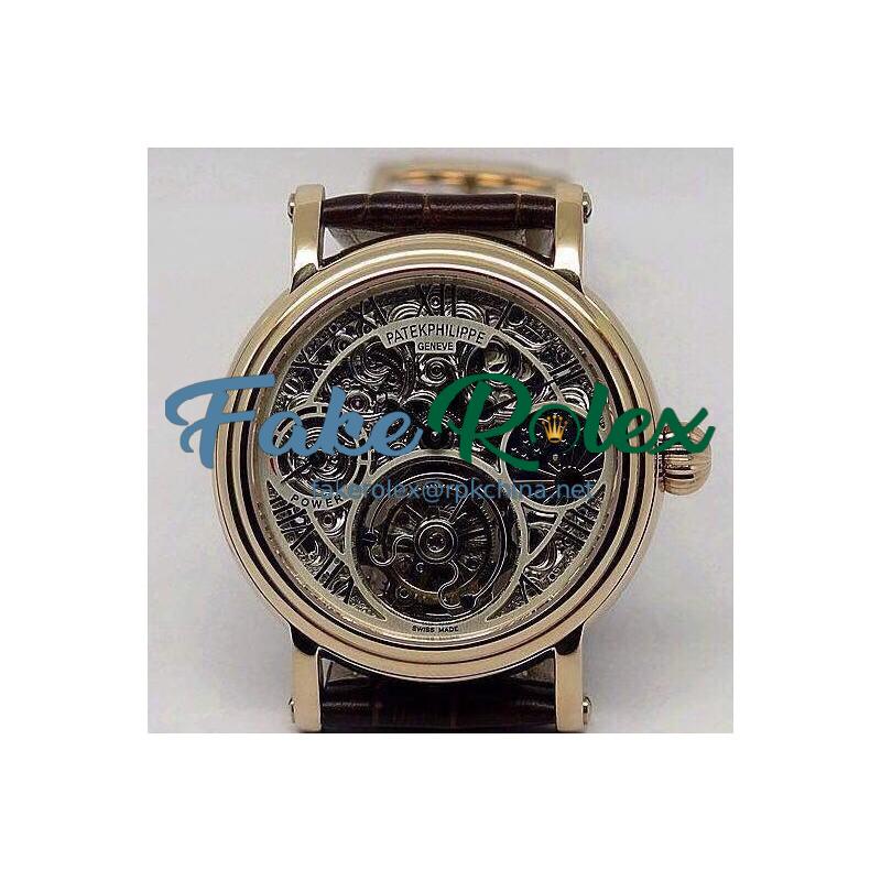 Replica Patek Philippe Tourbillon Moonphase Power Reserve Rose Gold Skeleton Dial Swiss Tourbillon