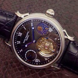 Replica Patek Philippe Tourbillon Moonphase Power Reserve Stainless Steel Black Dial Swiss Tourbillon