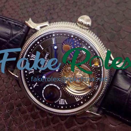 Replica Patek Philippe Tourbillon Moonphase Power Reserve Stainless Steel Black Dial Swiss Tourbillon