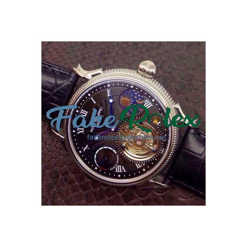 Replica Patek Philippe Tourbillon Moonphase Power Reserve Stainless Steel Black Dial Swiss Tourbillon