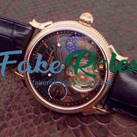 Replica Patek Philippe Tourbillon Moonphase Power Reserve Rose Gold Black Dial Swiss Tourbillon