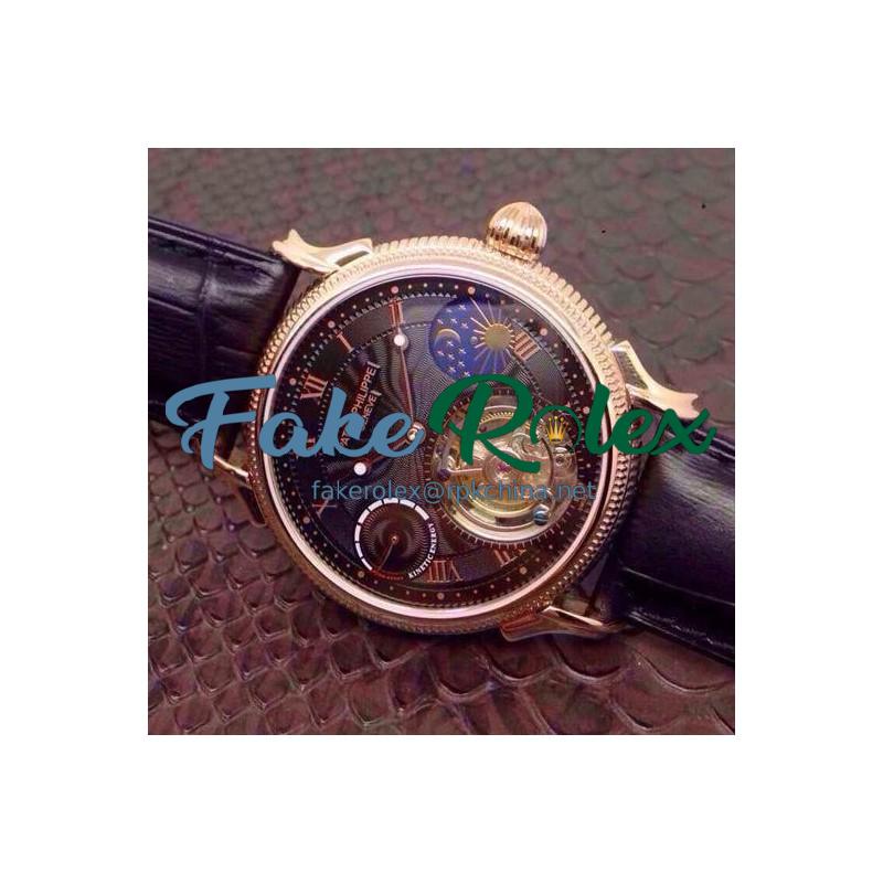 Replica Patek Philippe Tourbillon Moonphase Power Reserve Rose Gold Black Dial Swiss Tourbillon