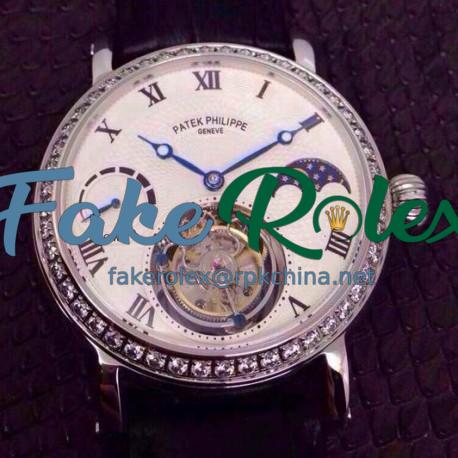 Replica Patek Philippe Tourbillon Moonphase Power Reserve Stainless Steel Diamonds Bezel Swiss Tourbillon