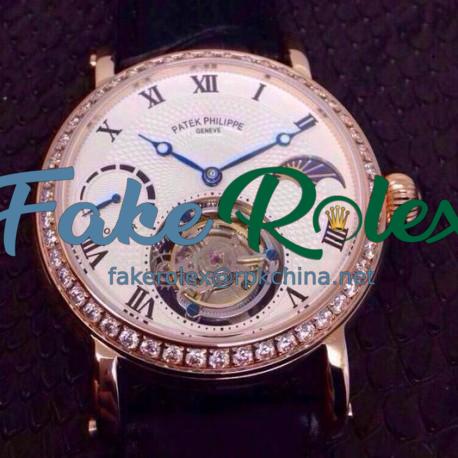 Replica Patek Philippe Tourbillon Moonphase Power Reserve Rose Gold Diamonds Bezel Swiss Tourbillon