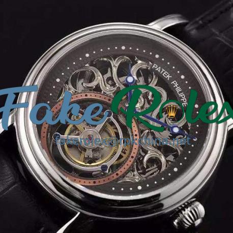 Replica Patek Philippe Tourbillon Rose Gold Stainless Steel Skeleton & Black Dial Swiss Tourbillon