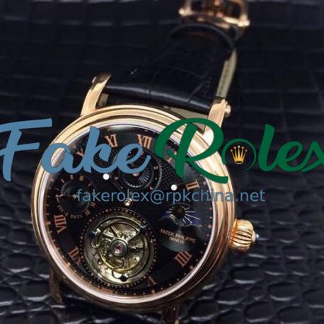 Replica Patek Philippe Tourbillon Moonphase 24H Power Reserve Rose Gold Black Dial Swiss Tourbillon