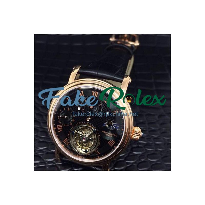 Replica Patek Philippe Tourbillon Moonphase 24H Power Reserve Rose Gold Black Dial Swiss Tourbillon