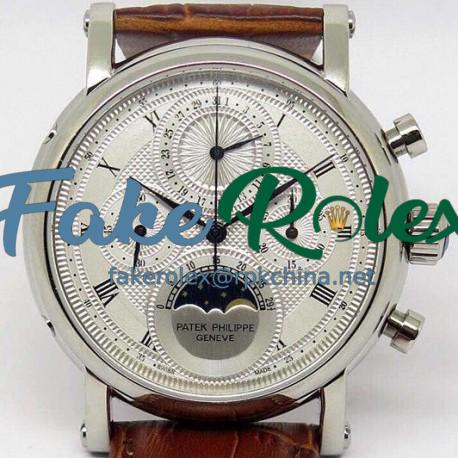 Replica Patek Philippe Moonphase Chronograph Stainless Steel White Dial Lemania