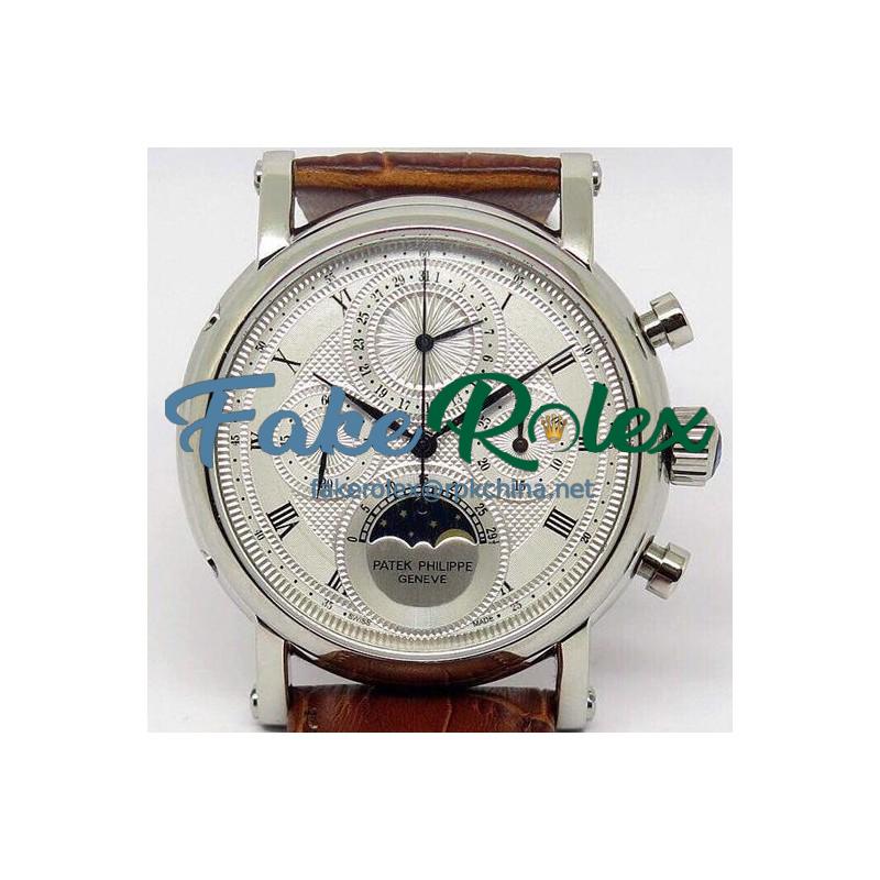 Replica Patek Philippe Moonphase Chronograph Stainless Steel White Dial Lemania