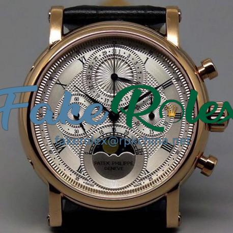 Replica Patek Philippe Moonphase Chronograph Rose Gold  White Dial Lemania