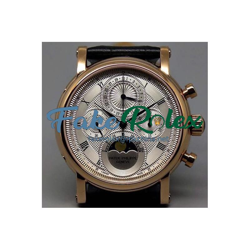 Replica Patek Philippe Moonphase Chronograph Rose Gold  White Dial Lemania