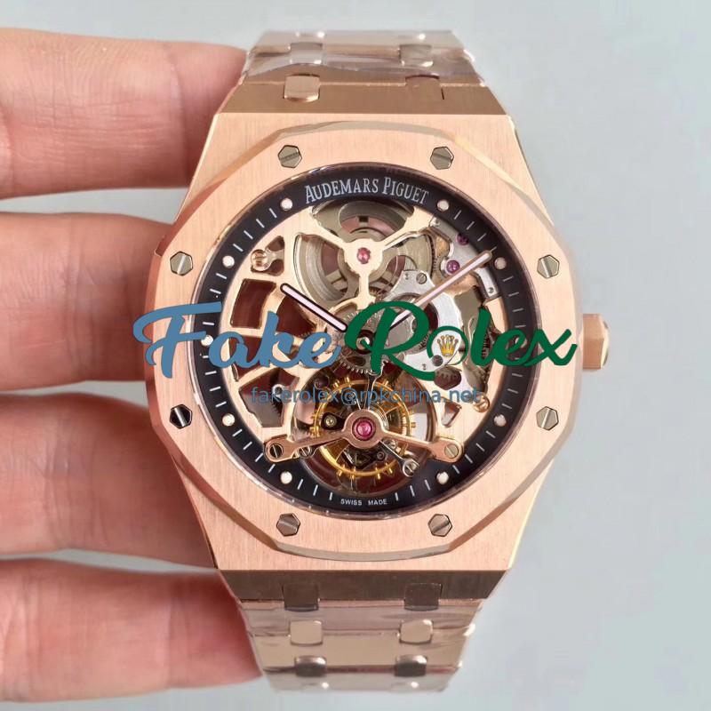 Replica Audemars Piguet Royal Oak Tourbillon Extra-Plate Squelette 26518 JF Rose Gold Black Skeleton Dial Swiss 2924