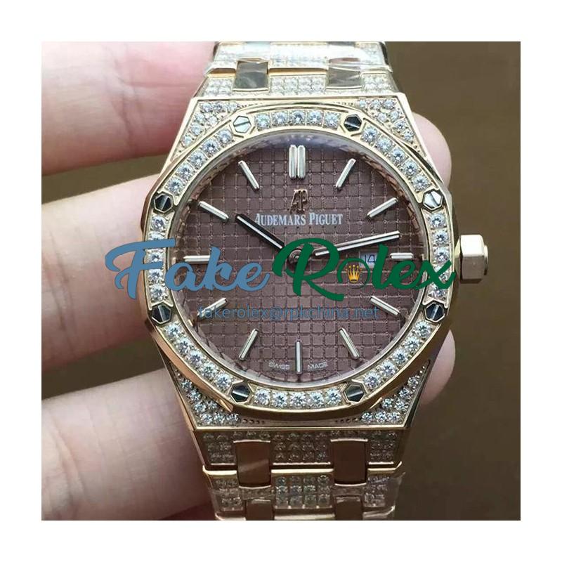 Replica Audemars Piguet Royal Oak 67651 Ladies Rose Gold & Diamonds Brown Dial Swiss Quartz 2713