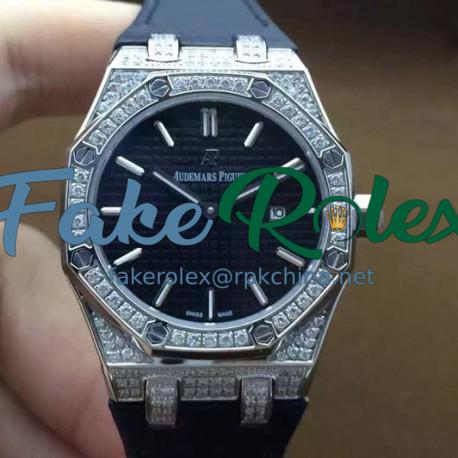 Replica Audemars Piguet Royal Oak 67651 Ladies Stainless Steel & Diamonds Black Dial Nylon Strap Swiss Quartz 2713