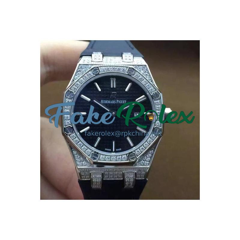 Replica Audemars Piguet Royal Oak 67651 Ladies Stainless Steel & Diamonds Black Dial Nylon Strap Swiss Quartz 2713