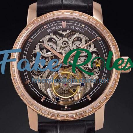 Replica Vacheron Constantin Patrimony Tourbillon Rose Gold & Diamonds Skeleton & Black Dial Swiss Tourbillon