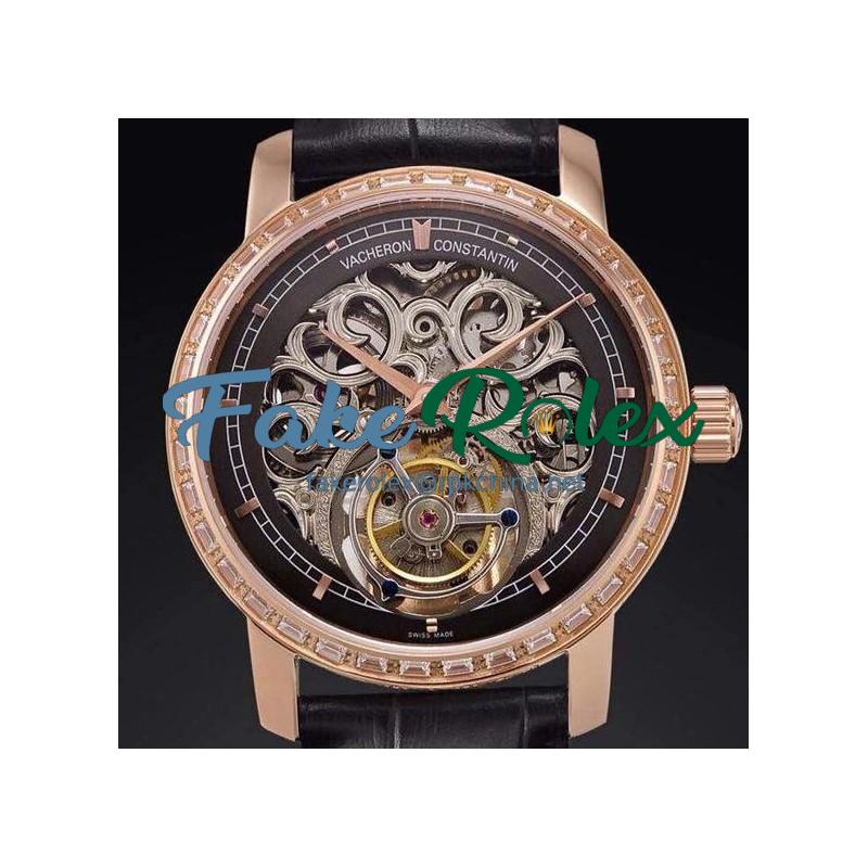 Replica Vacheron Constantin Patrimony Tourbillon Rose Gold & Diamonds Skeleton & Black Dial Swiss Tourbillon