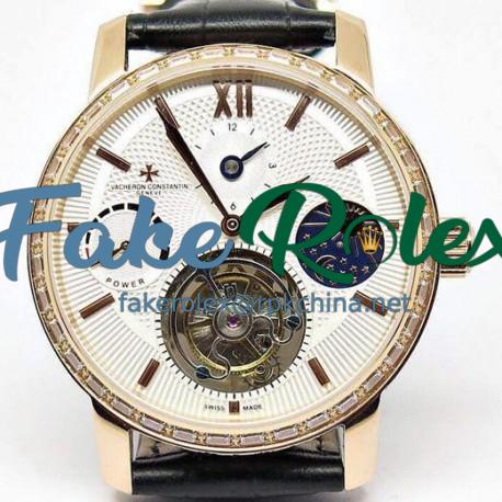 Replica Vacheron Constantin Patrimony Tourbillon Rose Gold & Diamonds White Dial Swiss Tourbillon