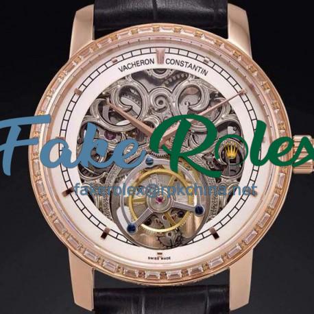 Replica Vacheron Constantin Patrimony Tourbillon Rose Gold & Diamonds Skeleton & White Dial Swiss Tourbillon