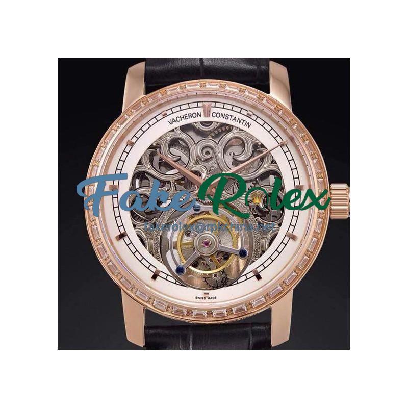 Replica Vacheron Constantin Patrimony Tourbillon Rose Gold & Diamonds Skeleton & White Dial Swiss Tourbillon