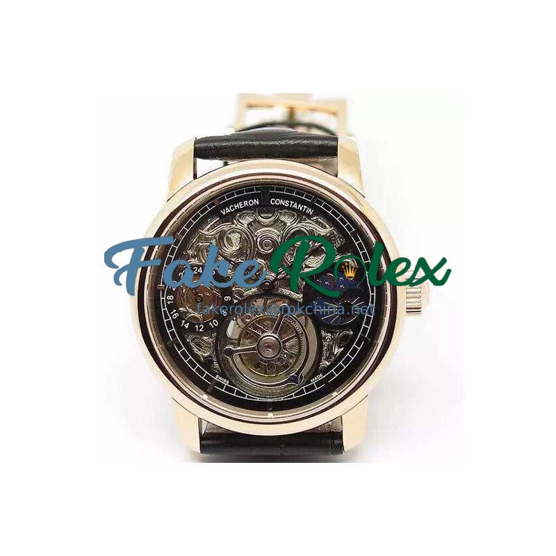 Replica Vacheron Constantin Patrimony Tourbillon Rose Gold Skeleton & Black Dial Swiss Tourbillon