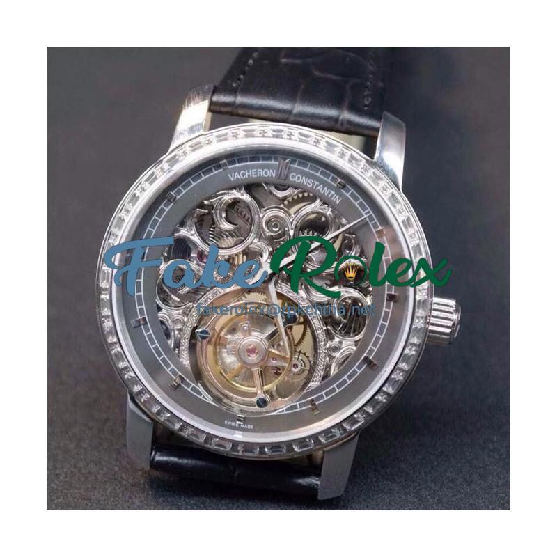 Replica Vacheron Constantin Patrimony Tourbillon Stainless Steel & Diamonds Skeleton & Gray Dial Swiss Tourbillon