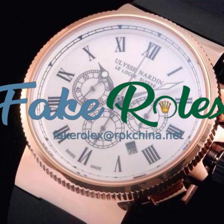 Replica Ulysse Nardin Marine Chronograph Rose Gold Roman Numbers White Dial Swiss 7750