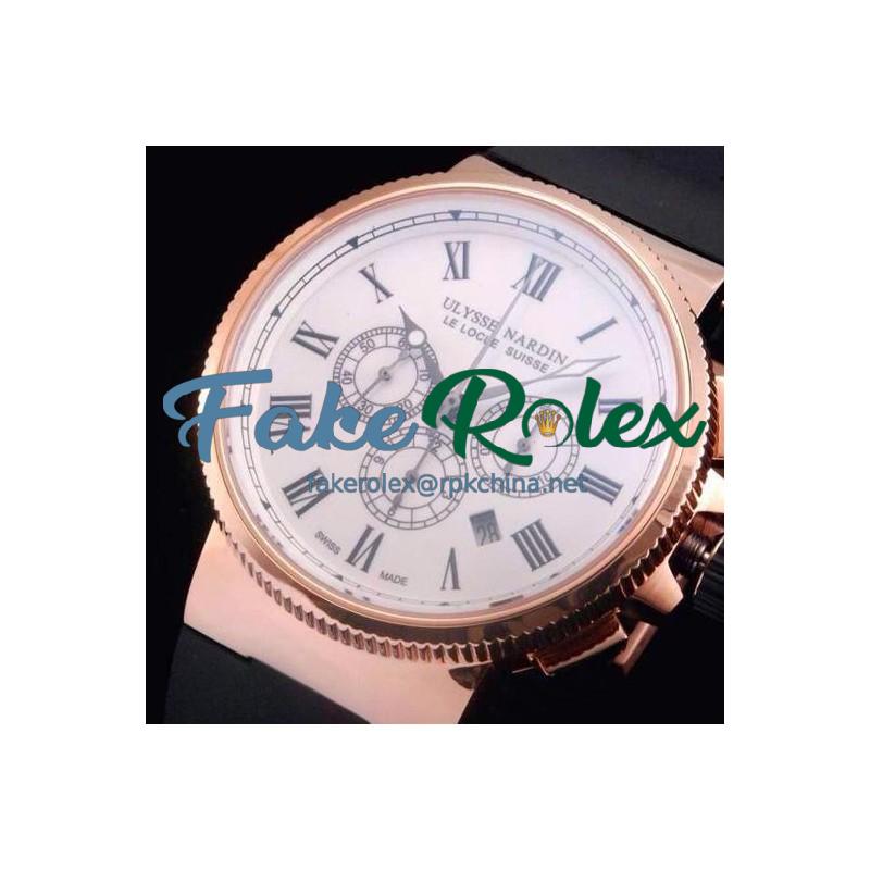 Replica Ulysse Nardin Marine Chronograph Rose Gold Roman Numbers White Dial Swiss 7750