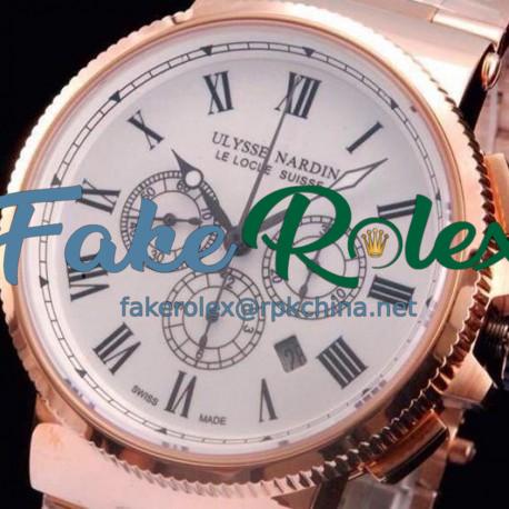 Replica Ulysse Nardin Marine Chronograph Rose Gold Roman Numbers White Dial Swiss 7750