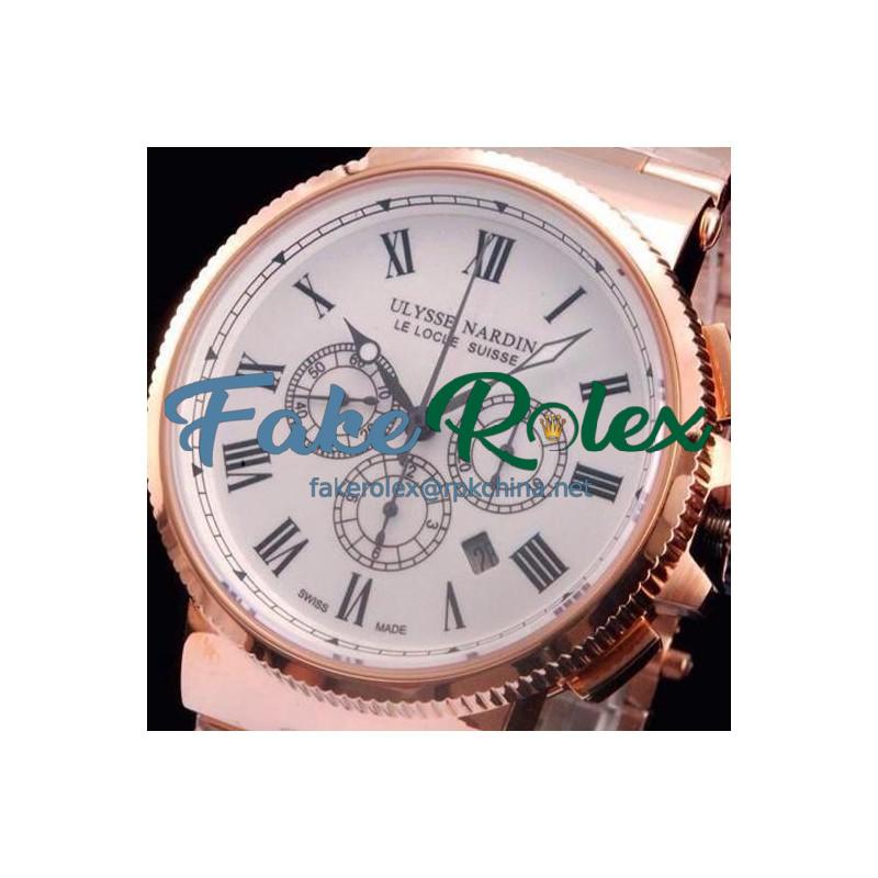 Replica Ulysse Nardin Marine Chronograph Rose Gold Roman Numbers White Dial Swiss 7750