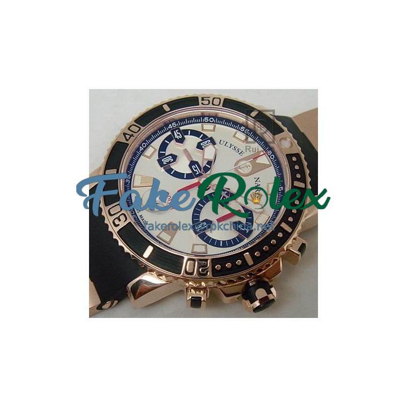 Replica Ulysse Nardin Maxi Marine Diver Chronograph Rose Gold White Dial Swiss 7750