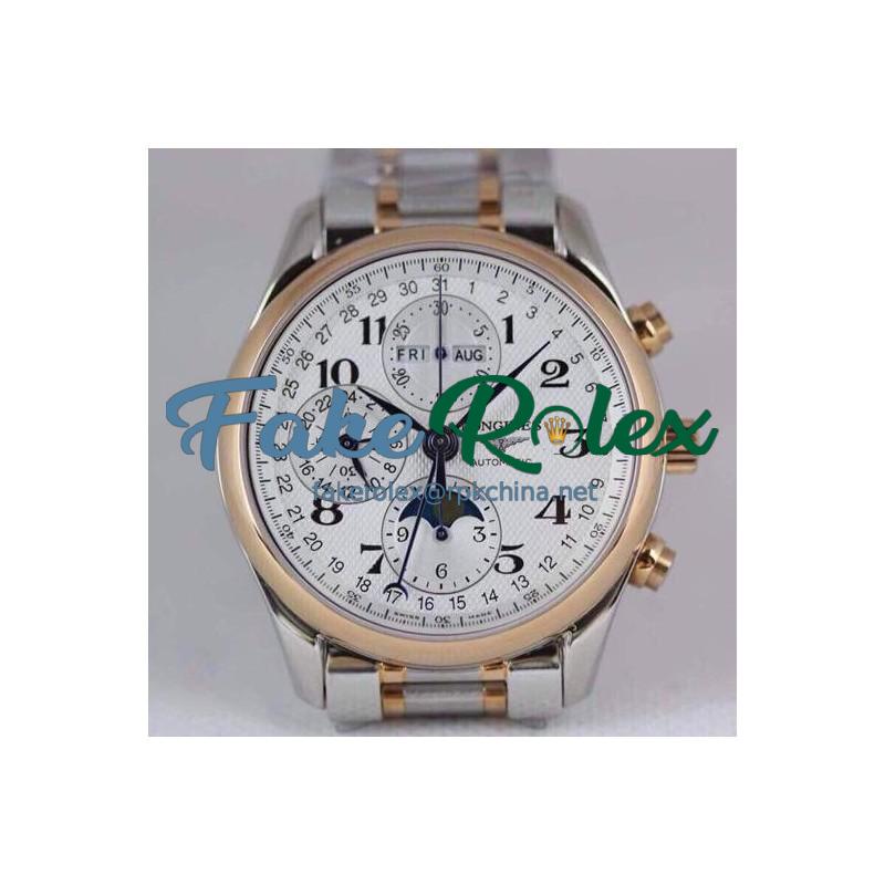 Replica Longines Conquest Classic Chronograph Moonphase Stainless Steel & Rose Gold White Dial Swiss 7751