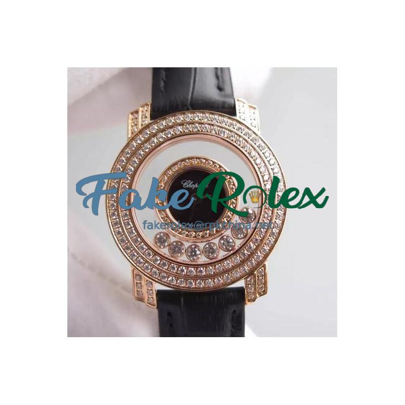 Replica Chopard Happy Diamonds Ladies Rose Gold Black Dial Swiss Quartz