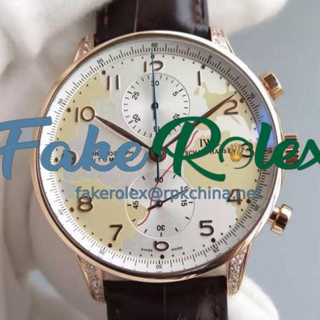 Replica IWC Portuguese Chronograph Rose Gold & Diamonds White Map Dial Swiss 7750