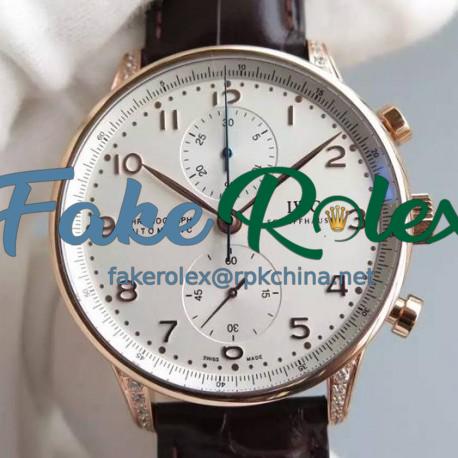 Replica IWC Portuguese Chronograph Rose Gold & Diamonds White Dial Swiss 7750